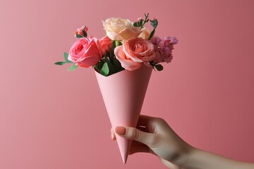A hand holding a pink paper cone with flowers inside, on a solid background