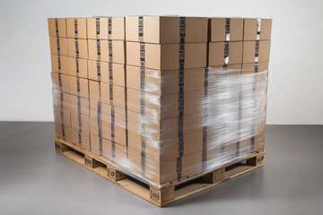 Uniform cardboard boxes stacked high on a wooden pallet for efficient storage and delivery preparation