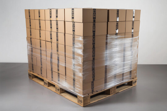 Uniform cardboard boxes stacked high on a wooden pallet for efficient storage and delivery preparation
