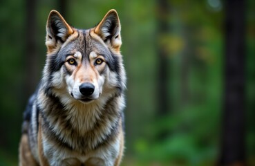 Fototapeta premium Close up portrait of wolf in forest. Wild animal with neutral expression. Gray, white fur. Black nose, yellow eyes. Green forest background. Predator mammal. Wildlife photo. Nature scene. Canine