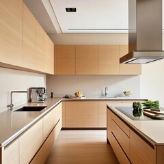 Fototapeta premium Modern kitchen with warm wooden cabinetry and sleek metallic hardware