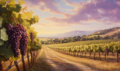 Naklejka premium Morning sunlight illuminating ripe grapes on a vine, with rows of vineyards stretching into the distance