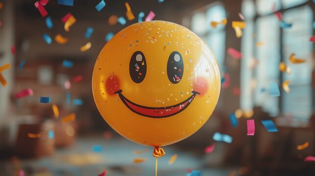 Smiley balloon, confetti, celebration, urban ruin, event