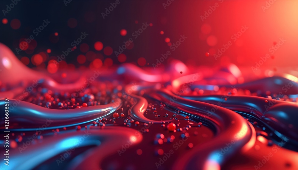 Poster Abstract futuristic 3d design. Red, dark blue liquid-like shapes with small dots. Fluid dynamic pattern. Modern graphic design. Decorative. Technology background. Abstract wallpaper. Dynamic liquid