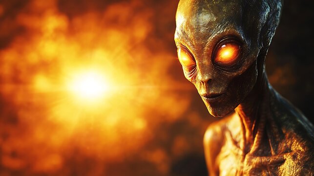 A humanoid alien figure with a smooth, metallic face and glowing eyes, standing in front of a glowing star.