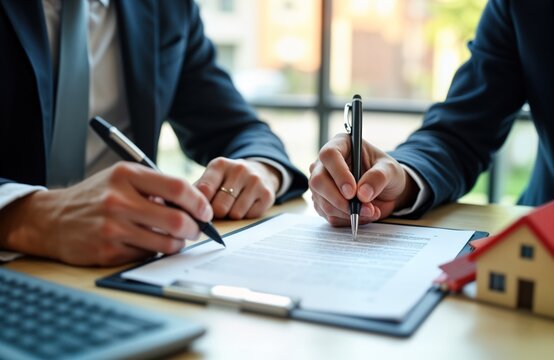 Real estate agents, client reviewing home purchase agreement. Client signs home buying document. Agreement details discussed. Business transaction taking place in office setting. Legal paperwork