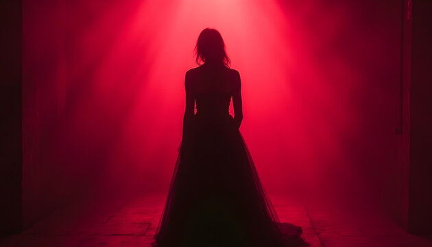 Silueta a contraluz de una mujer sobre un escenario, con un foco de luz directo y un fondo de color rojo morado.