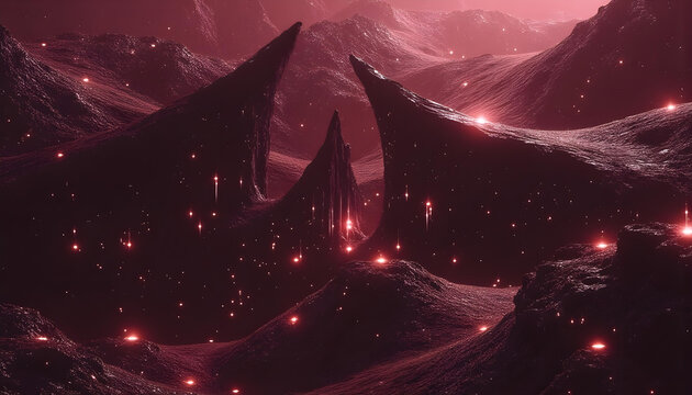 Dibujo de paisaje futurista en fondo granate y tenebroso. Estilo c&oacute;mic g&oacute;tico