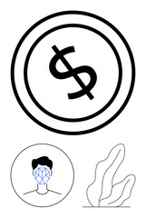 Dollar coin symbolizing wealth, facial recognition for tech advancements, abstract plant for eco-focus. Ideal for finance, AI, innovation, eco-awareness, security, minimalism abstract line flat