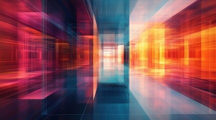 Abstract Digital Corridor, Vibrant Red, Orange, and Blue Hues in a Futuristic 3D Space