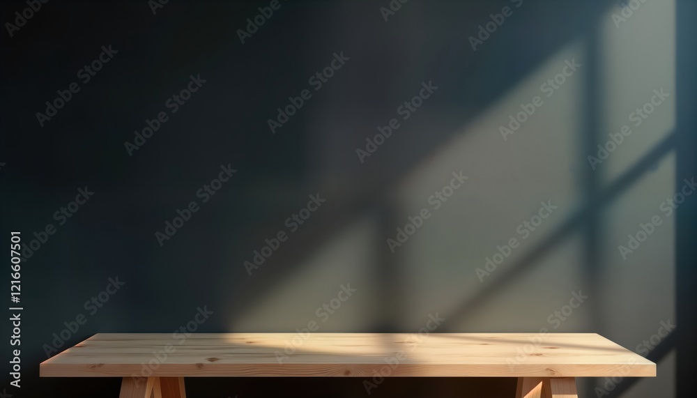 Poster empty wooden table in front of dark wall. sunlight casts shadows on table, wall. simple, modern desi