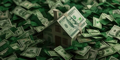 Household debt mortgage concept. A miniature house surrounded by stacks of cash, symbolizing wealth and real estate investment.