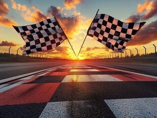 Checkered flags waving at the finish line of a race track at sunset.