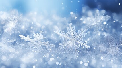 White Sparkling Ice Texture with Snowflakes on a Soft Blue Background Featuring a Magical Winter Wonderland Scene