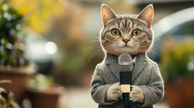 A cat wearing a tailored suit stands outdoors, holding a microphone and looking directly at the viewer. The background features blurred plants and soft colors, hinting at a sunny day.