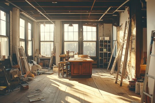 sunlit workshop interior with tools and materials
