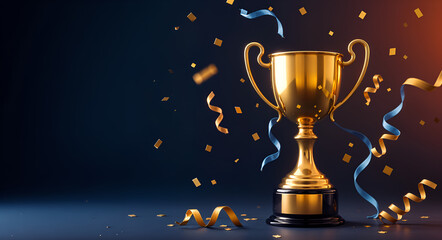 "Golden Trophy and Streamers Celebrating Business Success and Competition Achievement