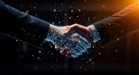 Wireframe Glowing Hands in a Handshake, Symbolizing Technology, Business, and Trust