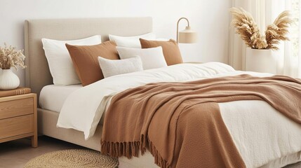 Neutral bedroom with caramel-toned throws and light wood furnishings