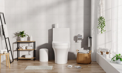 Elegant bathroom with modern toilet and stylish storage solutions, 3D render illustration.