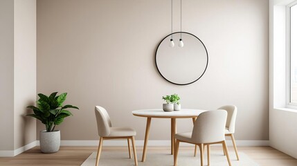 Neutral breakfast nook with muted earth tones, cozy decor, and minimalist furniture