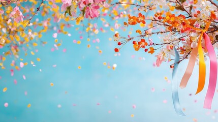 Nowruz spring celebration with blooming apple tree and colorful ribbons.