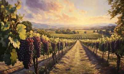 Naklejka premium Morning sunlight illuminating ripe grapes on a vine, with rows of vineyards stretching into the distance