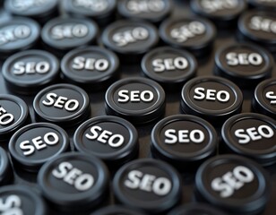 Many black round buttons with white SEO text. Modern digital marketing concept. Digital tools for search engine optimization. Background for business presentation. Tech tools like website analytic,