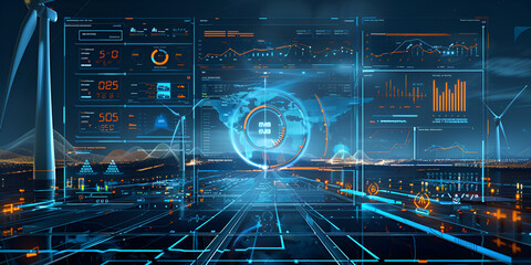 Futuristic control panel for renewable energy and environmental monitoring
