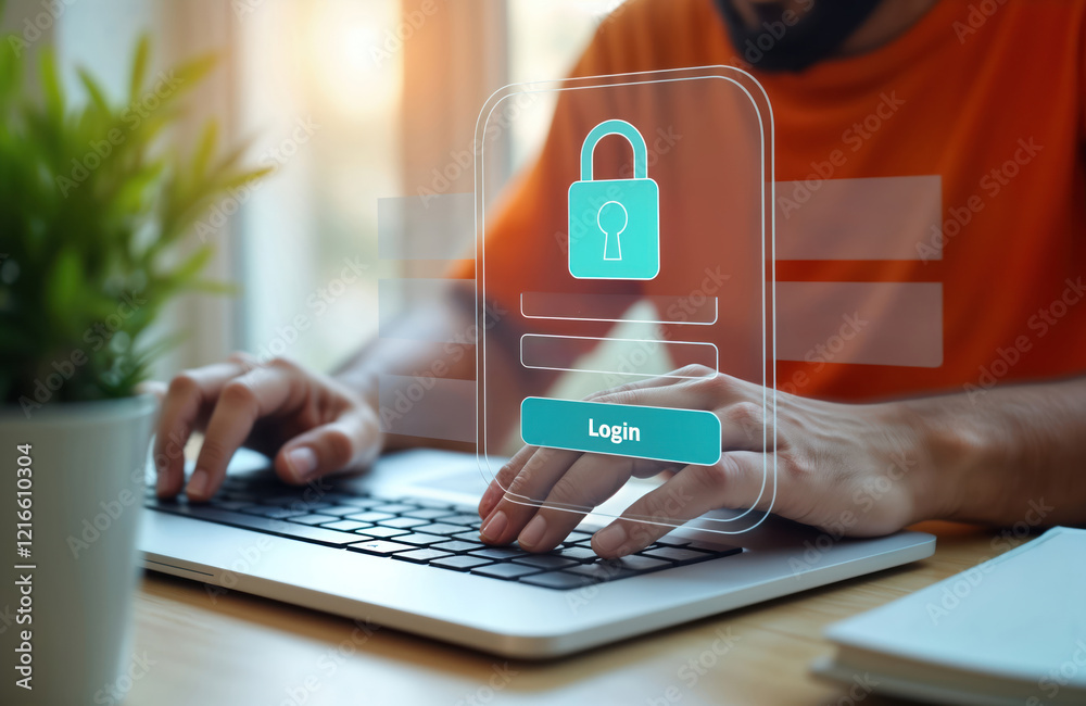 Leinwandbilder Person types on laptop keyboard. Login button appears on screen. Concept of cyber security, online data protection. Man uses secured internet access. Focuses on login, password input. Image shows