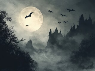 a spooky halloween background with bats flying over a dark castle under a full moon