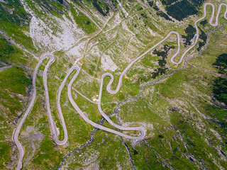 Aerial wide angle view of Transfagarasan mountain road in Romania