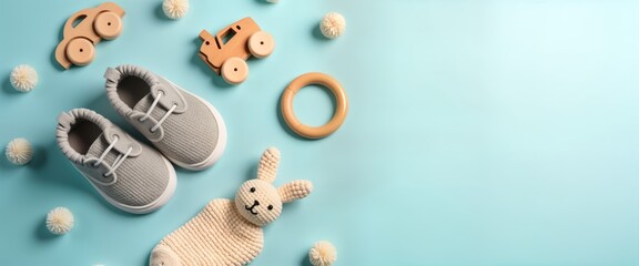 Baby shoes, teethers displayed on pastel blue background. Organic newborn accessories featured alongside wooden toys. Image perfect for small business focused on eco-friendly products. Light, airy