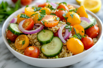 a vibrant vegan quinoa salad with cherry tomatoes, cucumbers, red onions,