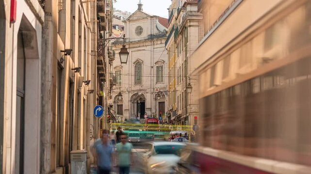 LISBON, PORTUGAL - JANUARY 19, 2025: Explore the vibrant streets with trams, people, and historic architecture in the heart of the city