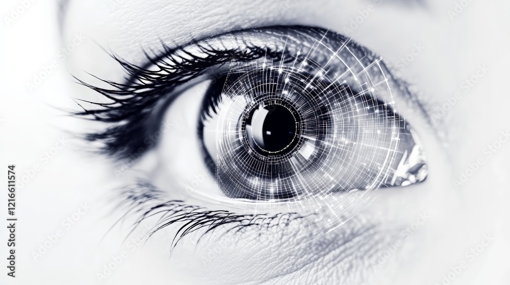 Aufkleber close up of an eye with futuristic digital lines and circles, representing advanced technology in vi