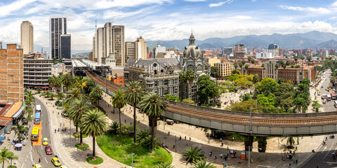 Medellin skyline panorama at Plaza Botero in Medellin, Colombia