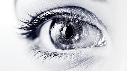 Close up of an eye with futuristic digital lines and circles, representing advanced technology in vision correction, futuristic concepts, or eye health