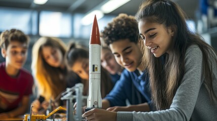 Fototapeta premium Inspiring Future Innovators: Diverse Students Collaborating on Model Rocket in Bright Classroom