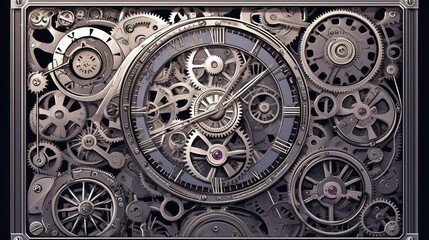 Intricate clockwork design featuring gears and a central clock face.