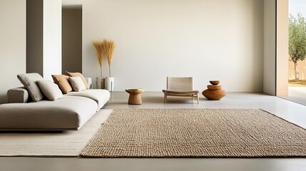 Open-plan living area with taupe tones, cozy rugs, and minimal decor