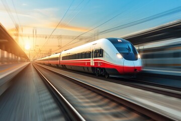 Naklejka premium Train on the railway station, Modern high speed train in motion blur, on a clear day. 