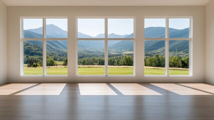 Fototapeta premium Yoga retreat center surrounded by serene nature mountain view interior space tranquil environment