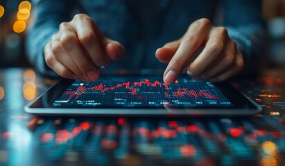 Naklejka premium Close-up of Hands Interacting with a Tablet Displaying Stock Market Data