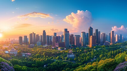 Fototapeta premium City skyline at sunset with vibrant clouds and lush greenery in foreground showcasing urban life and natural beauty
