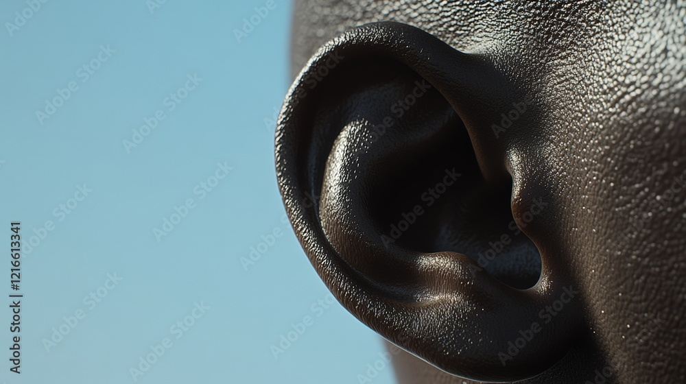 Poster close up of a human ear against a clear blue sky, highlighting the intricate details of the outer ea