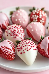 Obraz premium Close-up view of luscious chocolate-dipped strawberries adorned with red and white drizzle, presented on a pristine white plate with a soft pink backdrop, creating a delightful aesthetic