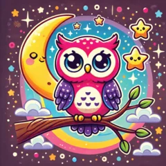 Fotobehang  A beautifully illustrated Christmas design featuring a colorful owl sitting on a branch with a crescent moon and stars in the background, blending whimsy and festive holiday vibes perfectly.   © Bushra