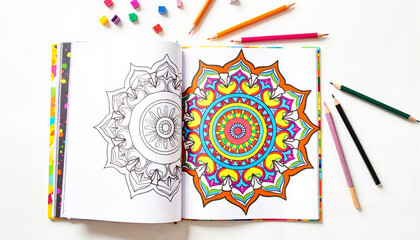 Vibrant mandala coloring book open on white table, creativity and relaxation