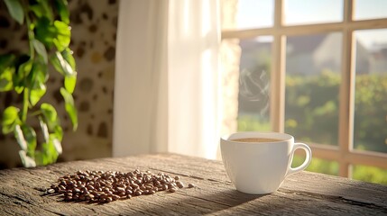 Cup filled with coffee beans on a wooden surface, inviting aroma wafting in the air, warm tones creating a cozy atmosphere, perfect for coffee lovers and enthusiasts